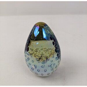 Vintage Controlled Bubble Glass Egg Shaped Paperweight Blue 3.25" Iridescent